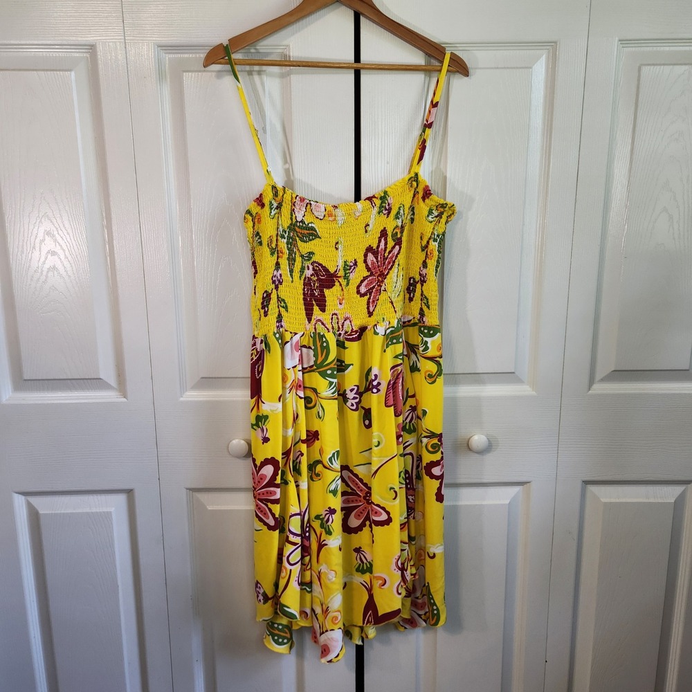Love Yellow Floral Smocked Handkerchief Hem Midi Dress‎ Plus Size 2X Rayon Boho